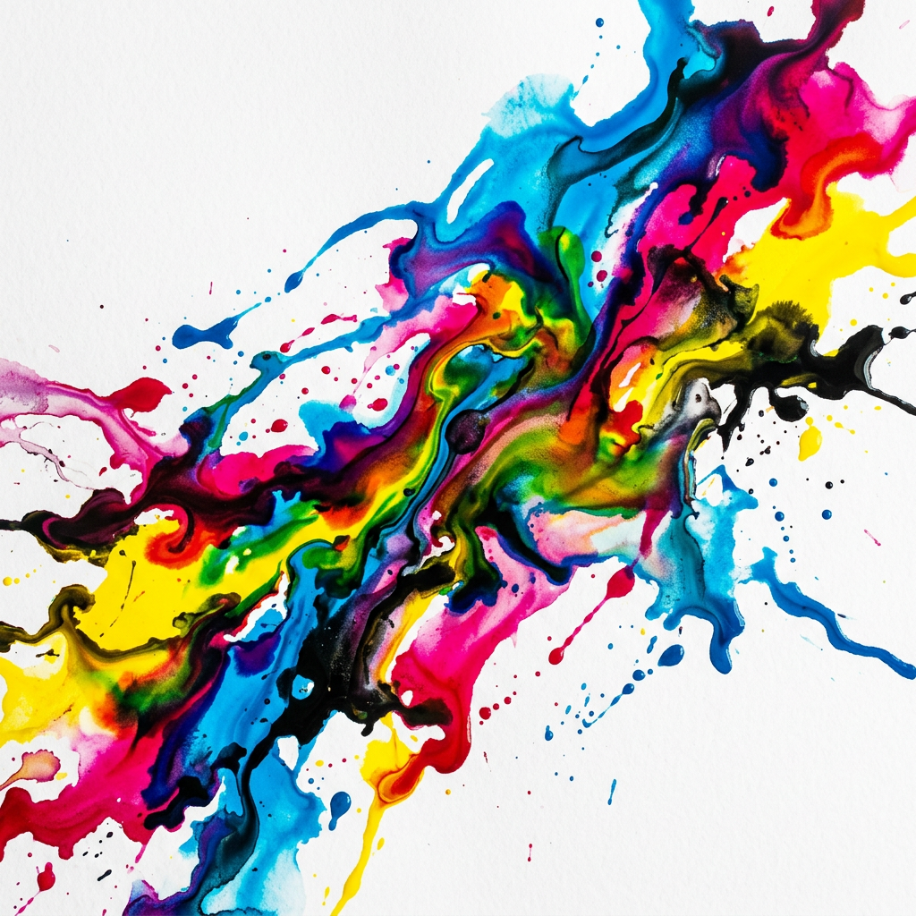 Abstract splash of blue, yellow, pink, red, green, and black paint on white background